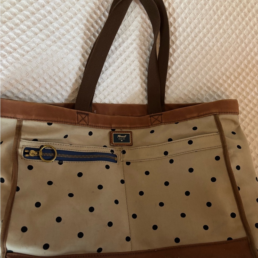 Fossil Brown and Cream Polka Dot Tote Bag